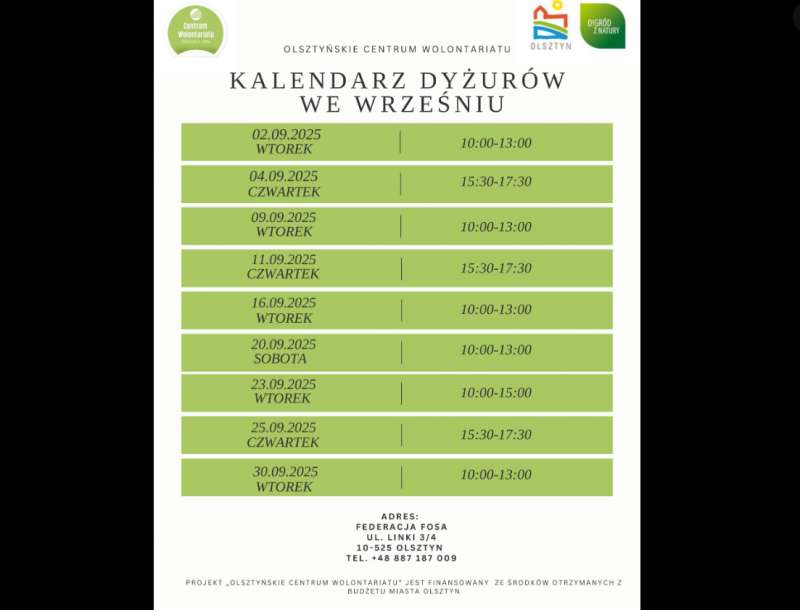 Wrześniowe dyżury w Olsztyńskim Centrum Wolontariatu